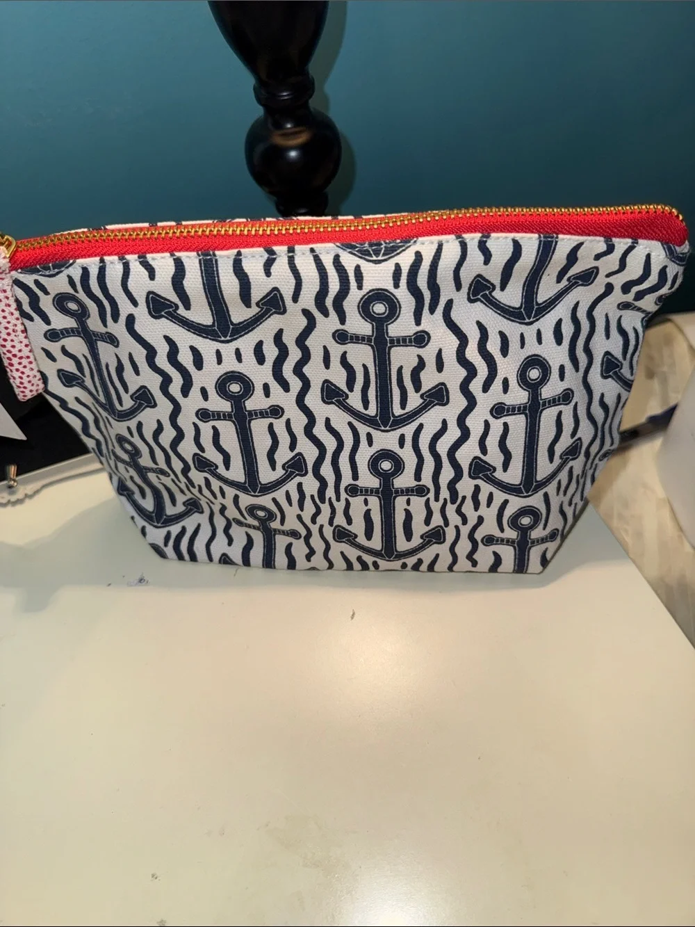Nautical Anchor Print Cosmetic Pouch - Navy and White with Red Zip